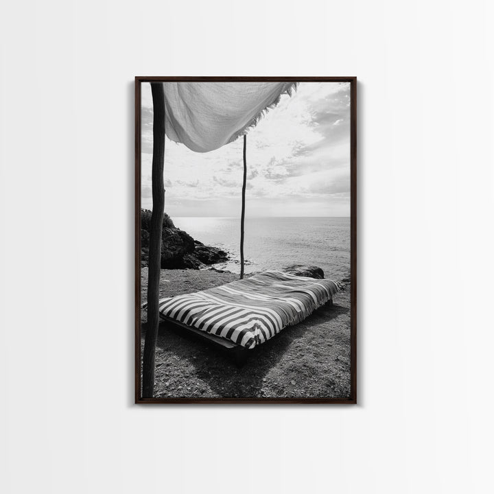 Seaside Nap, Minimal Daybed, Coastal Shade, Serene Moment, Canvas Print, Beach Bedroom Decor, Boho Seaside Art, Coastal Wall Style