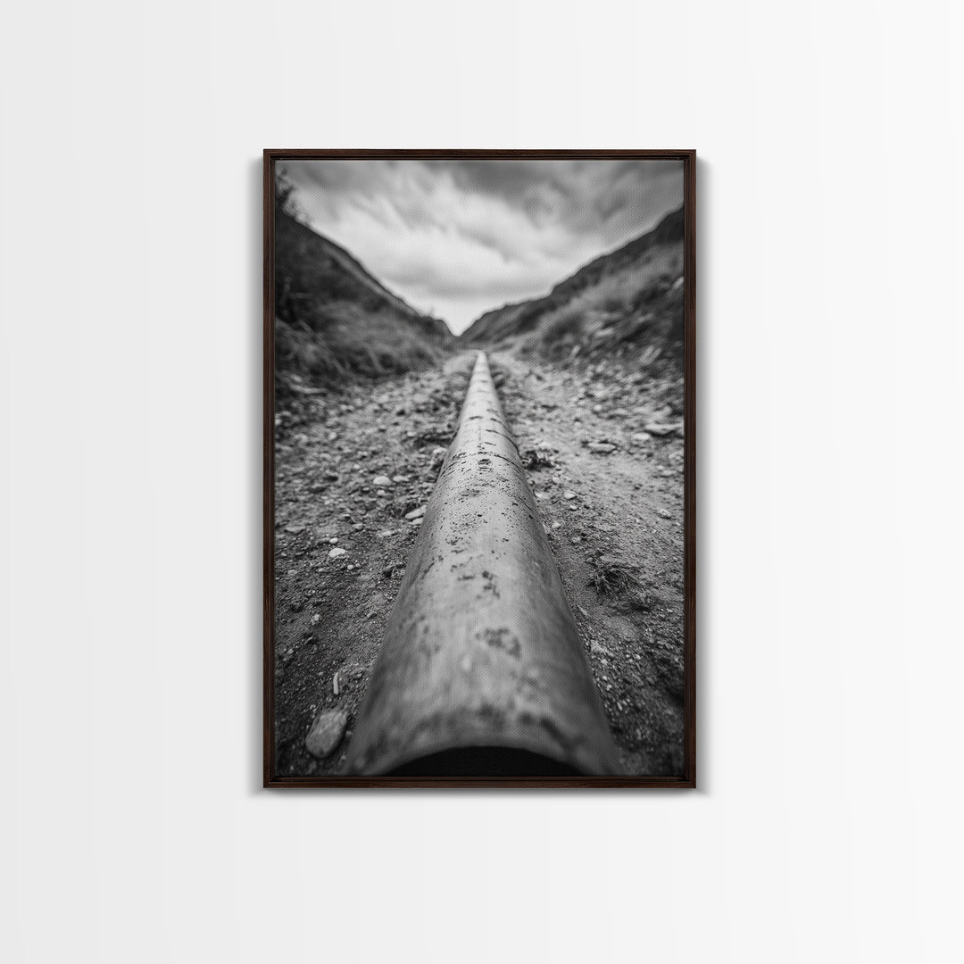 Industrial Line, Utility Pipe, Grunge Road, Canvas Print, Black White Photography, Modern Loft Decor, Urban Wall Art, Minimalist Style