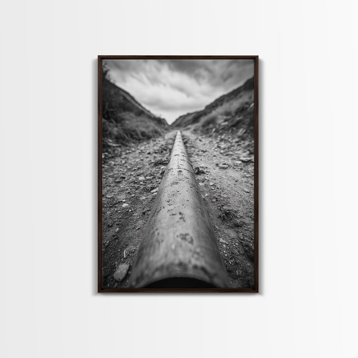 Industrial Line, Utility Pipe, Grunge Road, Canvas Print, Black White Photography, Modern Loft Decor, Urban Wall Art, Minimalist Style