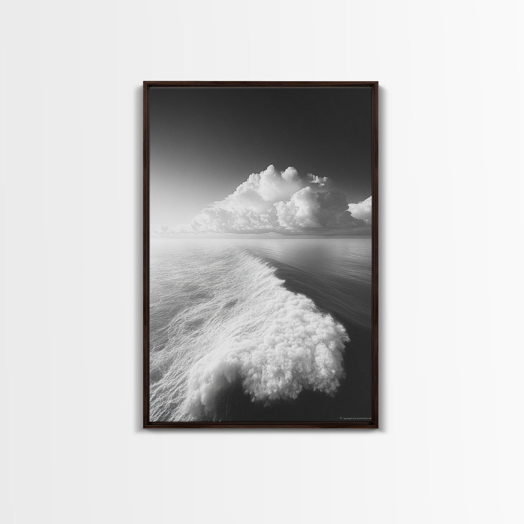 Ocean Wake, Cloud Horizon, Surreal Seascape, Framed Canvas Print, Dreamy Black White Wall Art, Bathroom Decor, Coastal Fantasy Art