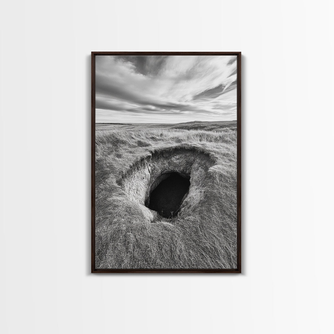 Burrow Entrance, Hidden Hole, Grassland Tunnel, Canvas Print, Nature Wall Art, Living Room Decor, Black White Landscape Photography