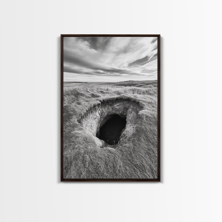 Burrow Entrance, Hidden Hole, Grassland Tunnel, Canvas Print, Nature Wall Art, Living Room Decor, Black White Landscape Photography