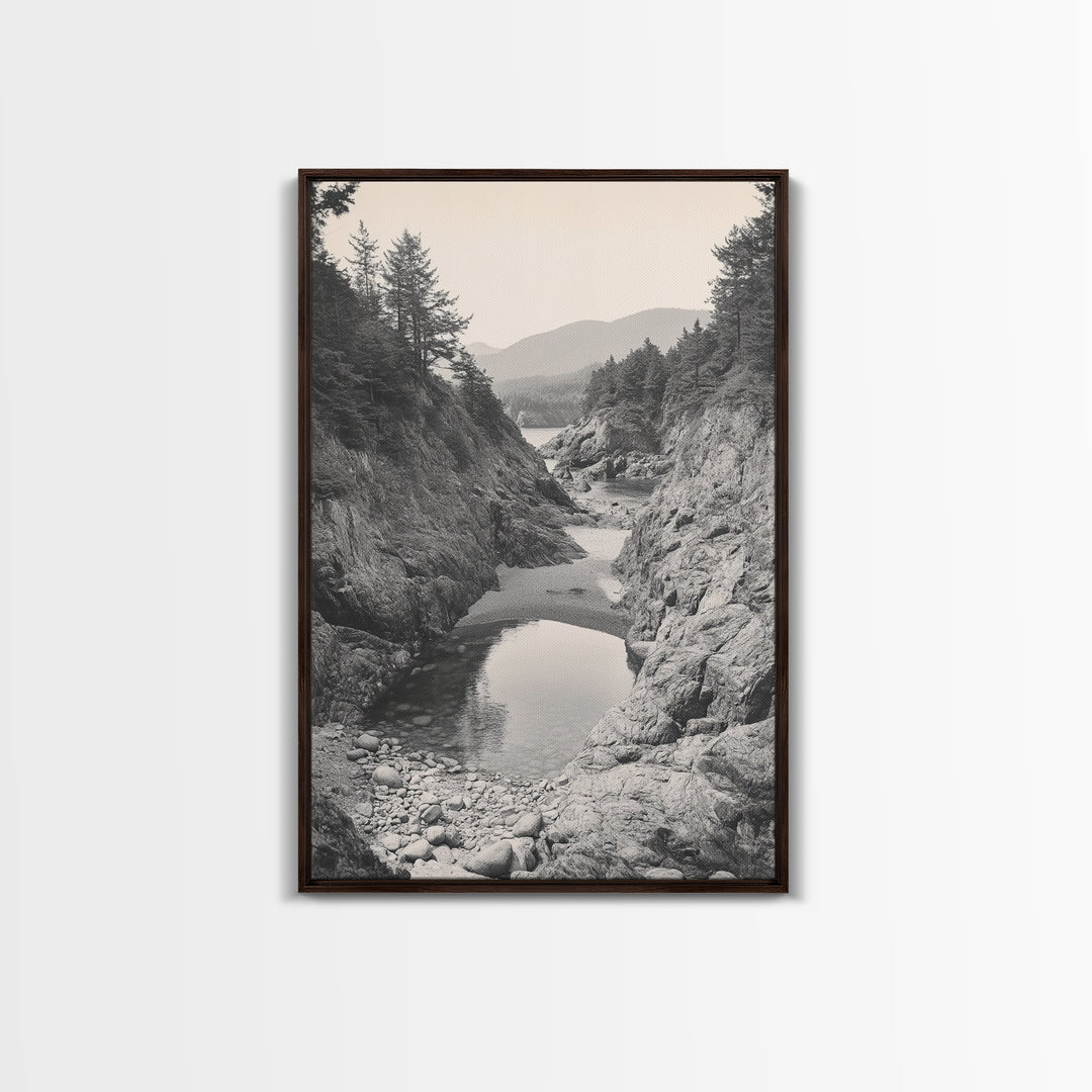 Forest Coast, Rocky Shore, Ocean View, Framed Canvas Print, Serene Nature Wall Art, Bathroom or Hallway Decor, Pacific Northwest Style