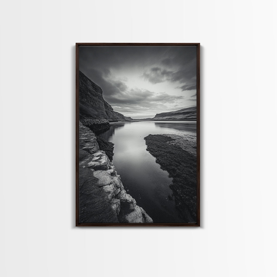 River Gorge, Twilight Reflections, Cliffside Calm, Canvas Print, Moody Black White Wall Art, Bedroom or Office Decor, Dramatic Landscape