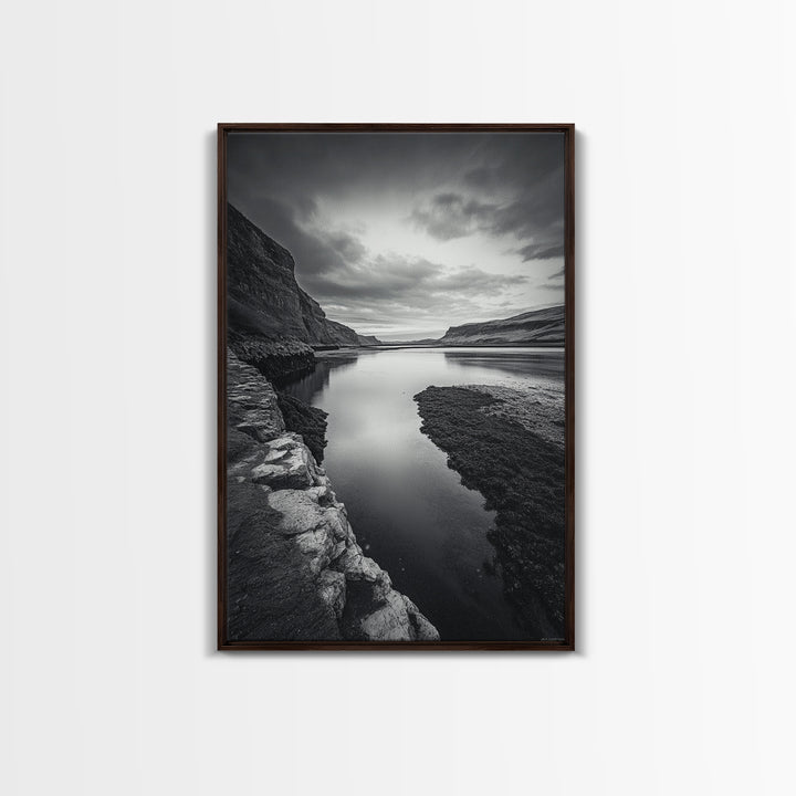 River Gorge, Twilight Reflections, Cliffside Calm, Canvas Print, Moody Black White Wall Art, Bedroom or Office Decor, Dramatic Landscape