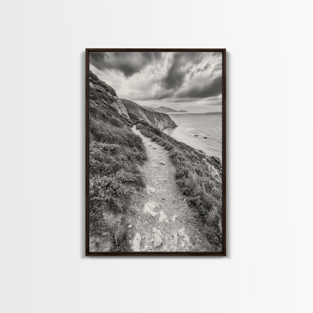 Cliffside Path, Coastal Trail, Ocean Escape, Canvas Print, Moody Landscape Wall Art, Living Room Decor, Adventure Travel Aesthetic