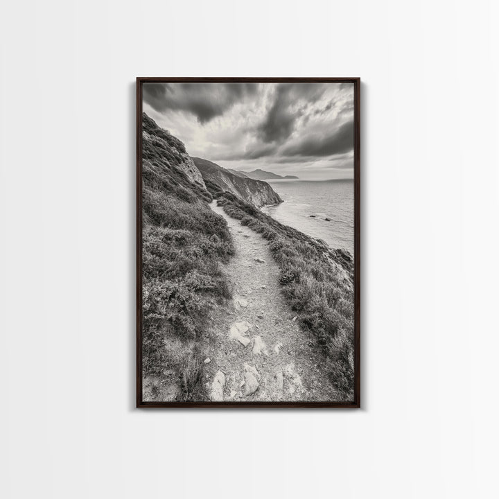 Cliffside Path, Coastal Trail, Ocean Escape, Canvas Print, Moody Landscape Wall Art, Living Room Decor, Adventure Travel Aesthetic