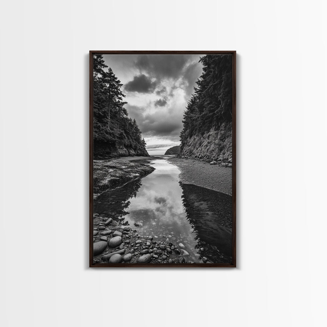 Tide Pool, Forest Reflection, Coastal Calm, Framed Canvas Print, Black White Nature Art, Bathroom or Bedroom Decor, Tranquil Scene
