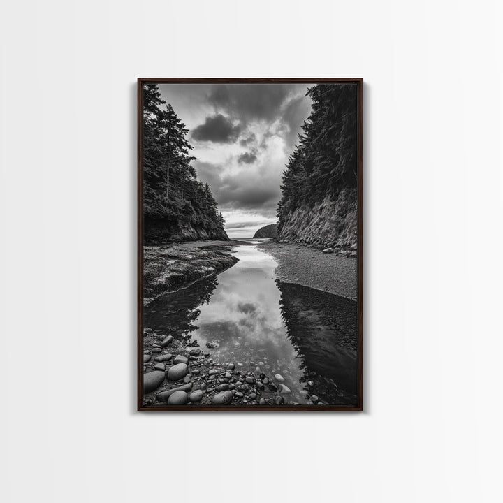 Tide Pool, Forest Reflection, Coastal Calm, Framed Canvas Print, Black White Nature Art, Bathroom or Bedroom Decor, Tranquil Scene
