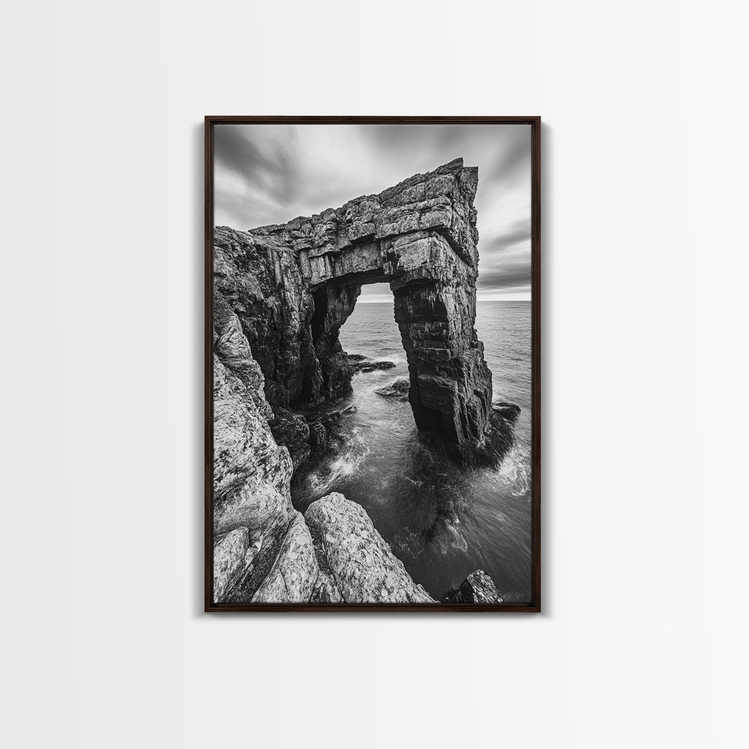 Sea Arch, Coastal Rock, Ocean Cliffside, Canvas Print, Dramatic Nature Wall Art, Living Room or Office Decor, Black White Seascape