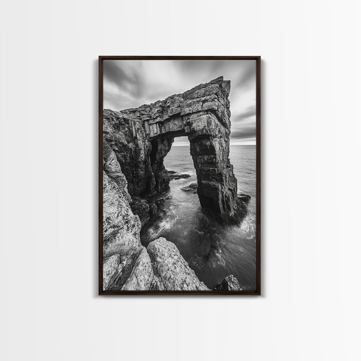Sea Arch, Coastal Rock, Ocean Cliffside, Canvas Print, Dramatic Nature Wall Art, Living Room or Office Decor, Black White Seascape
