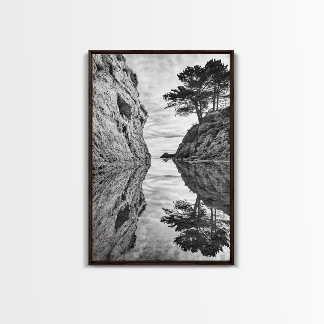 Reflected Trees, Peaceful Cove, Monochrome Seascape, Tranquil Decor, Framed Canvas Print, Zen Wall Art, Entryway Print, Coastal Calm