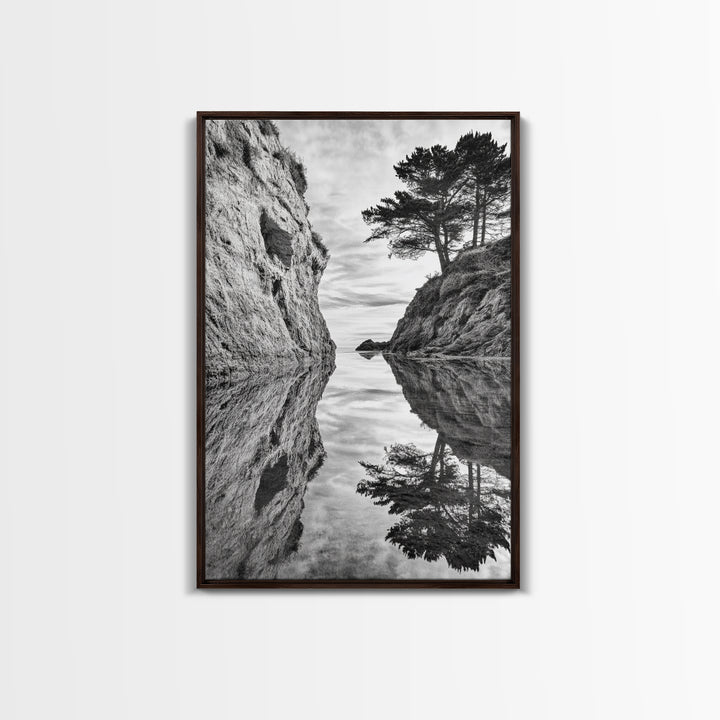 Reflected Trees, Peaceful Cove, Monochrome Seascape, Tranquil Decor, Framed Canvas Print, Zen Wall Art, Entryway Print, Coastal Calm