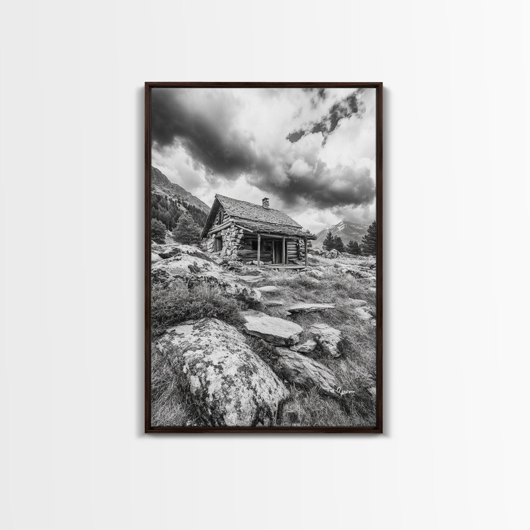 Rustic Cabin, Mountain Hideaway, Stormy Sky, Nature Lodge Decor, Framed Canvas Print, Autumn Vibes, Cozy Wall Art, Rustic Home Style