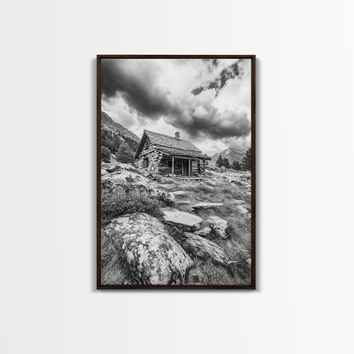 Rustic Cabin, Mountain Hideaway, Stormy Sky, Nature Lodge Decor, Framed Canvas Print, Autumn Vibes, Cozy Wall Art, Rustic Home Style