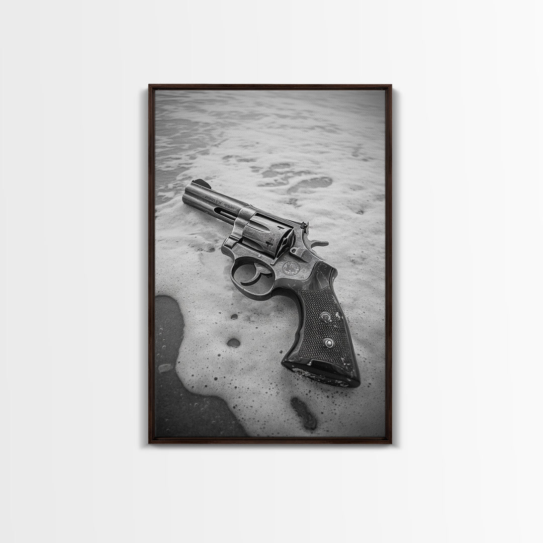 Revolver Beach, Washed Ashore, Western Style, Noir Photography, Framed Canvas Print, Industrial Wall Art, Man Cave Decor, Rustic Vibes