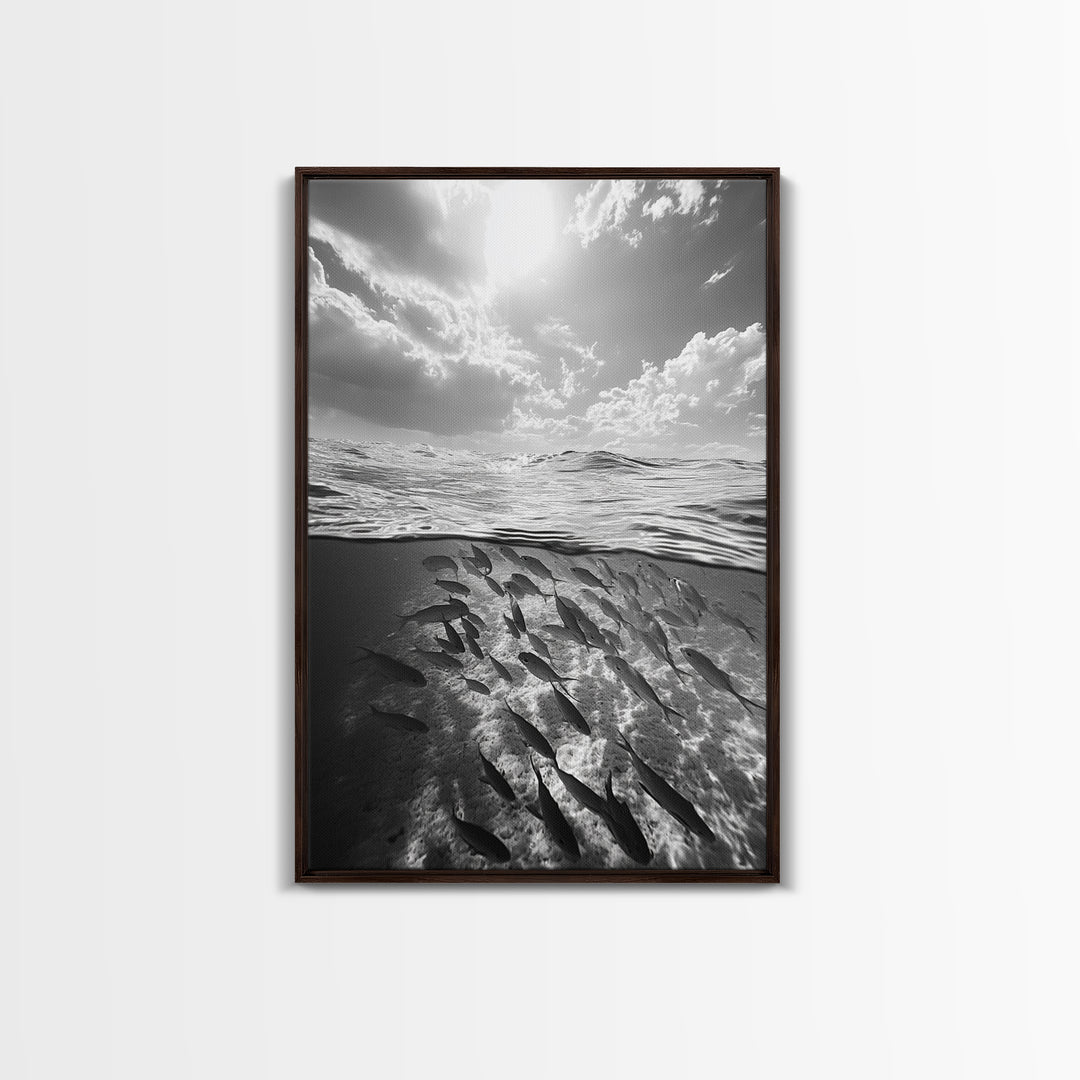 Underwater Scene, School of Fish, Ocean Photography, Split Shot Water, Framed Canvas Print, Bathroom Wall Art, Coastal Decor