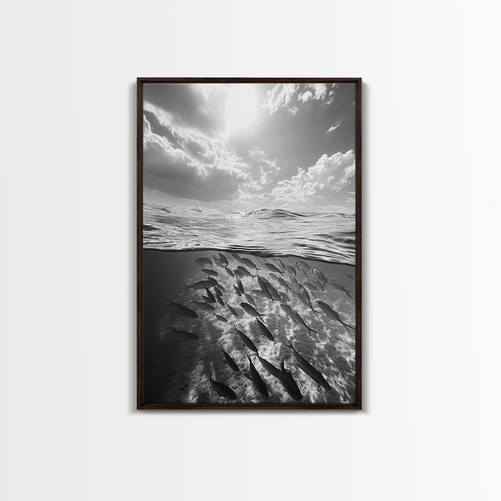 Underwater Scene, School of Fish, Ocean Photography, Split Shot Water, Framed Canvas Print, Bathroom Wall Art, Coastal Decor