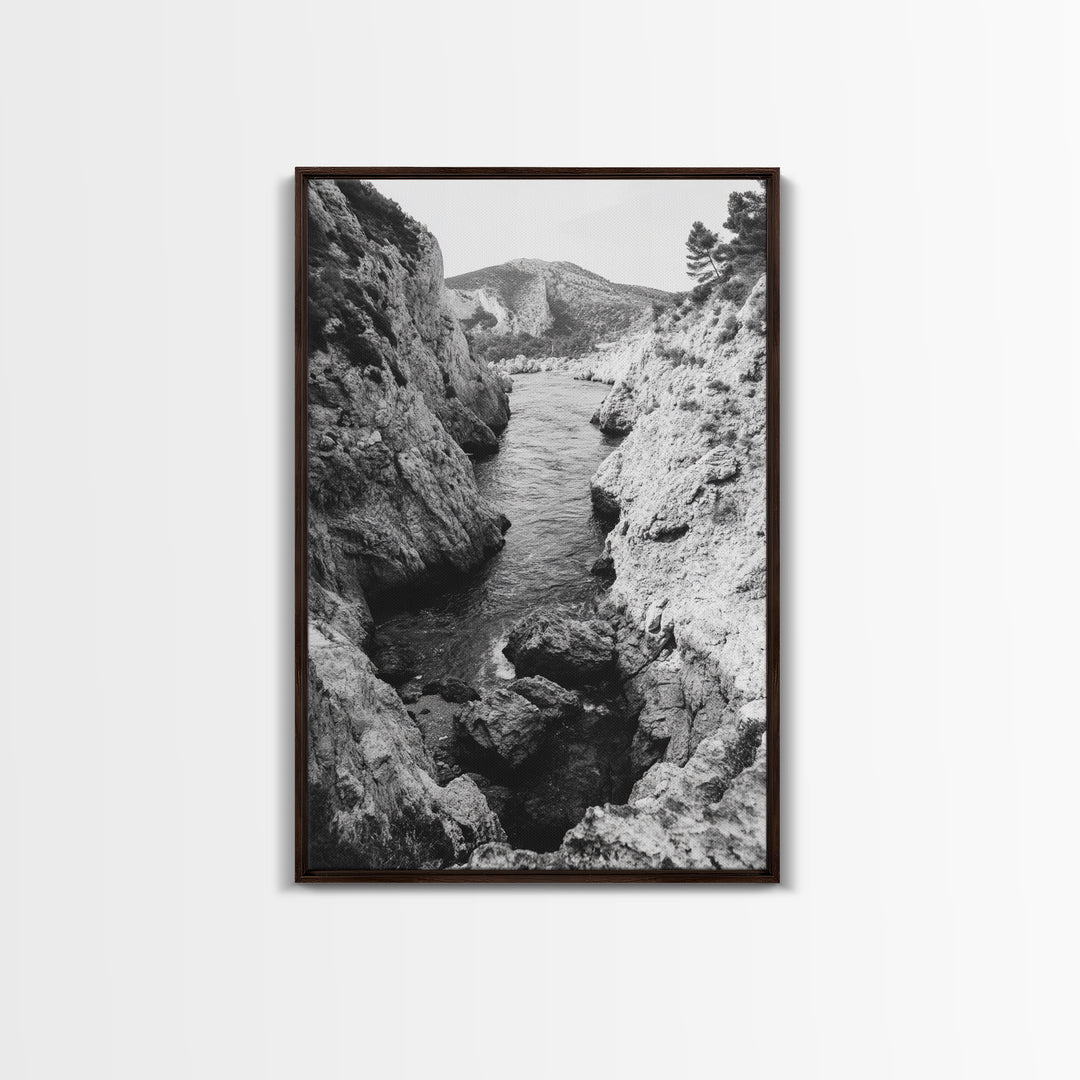 Mountain Gorge, Rugged Canyon, Flowing Stream, Wilderness Explorer, Framed Canvas Print, Cabin Wall Art, Adventurous Rustic Style
