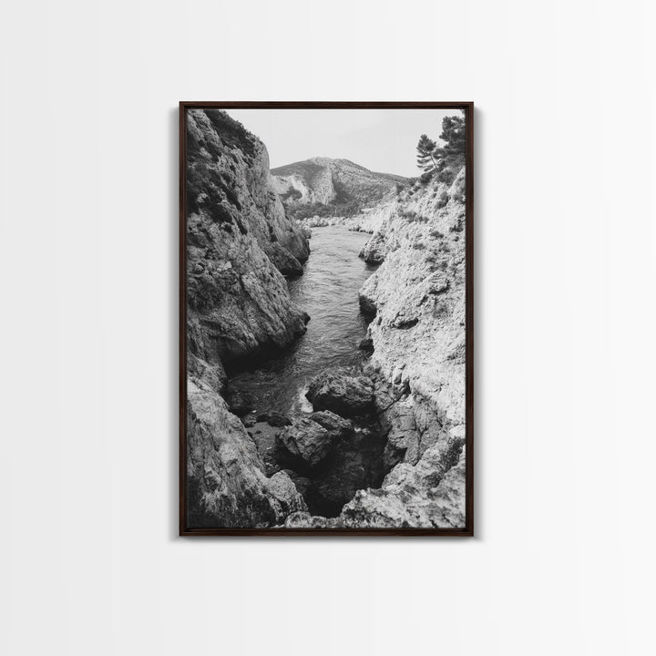Mountain Gorge, Rugged Canyon, Flowing Stream, Wilderness Explorer, Framed Canvas Print, Cabin Wall Art, Adventurous Rustic Style