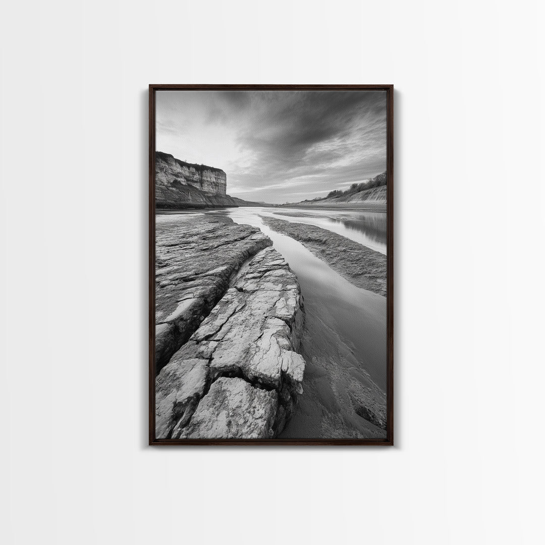Eroded Riverbed, Desert Rock, Serene Canyon, Long Exposure, Framed Canvas Print, Earth Tones, Dining Room Decor, Nature Inspired