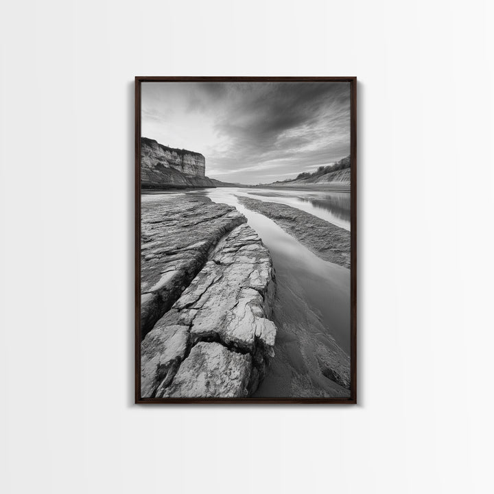 Eroded Riverbed, Desert Rock, Serene Canyon, Long Exposure, Framed Canvas Print, Earth Tones, Dining Room Decor, Nature Inspired