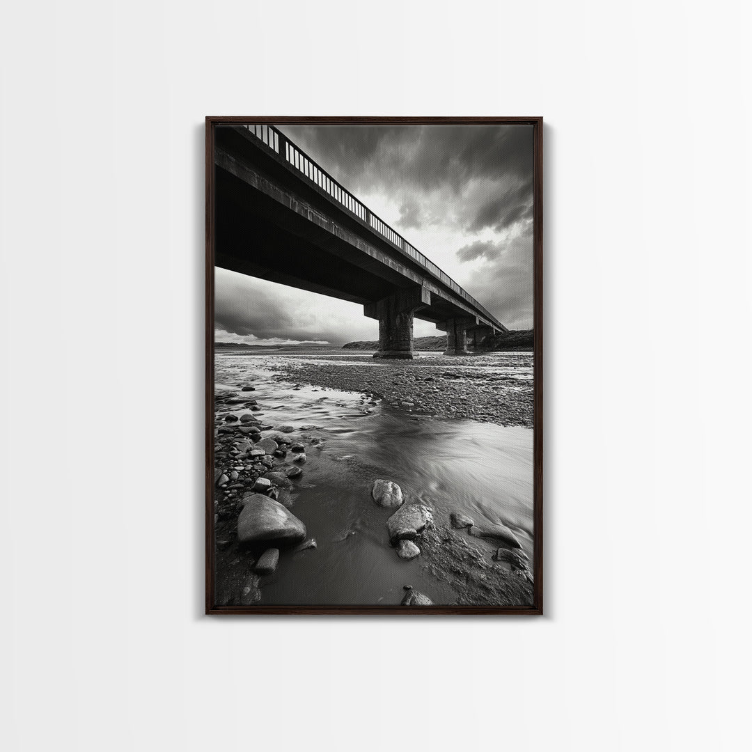 Stormy Bridge, River Rocks, Dramatic Sky, Modern Landscape, Framed Canvas Print, Moody Photography, Office Wall Art, Minimalist Decor