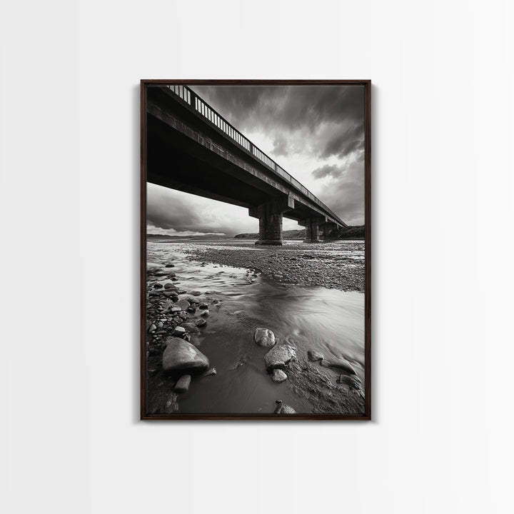 Stormy Bridge, River Rocks, Dramatic Sky, Modern Landscape, Framed Canvas Print, Moody Photography, Office Wall Art, Minimalist Decor