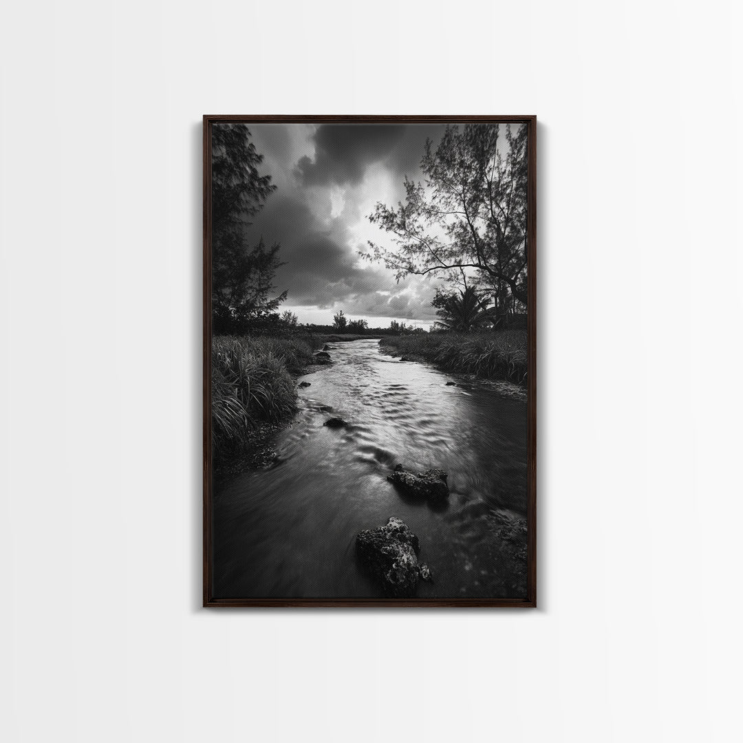 River Flow, Storm Clouds, Nature Trees, Monochrome Scene, Framed Canvas Print, Bathroom Wall Art, Moody Landscape, Rustic Home Decor