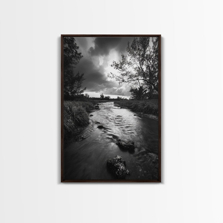 River Flow, Storm Clouds, Nature Trees, Monochrome Scene, Framed Canvas Print, Bathroom Wall Art, Moody Landscape, Rustic Home Decor