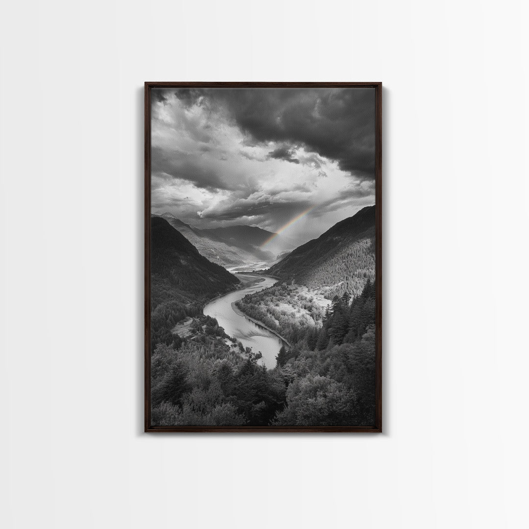 Mountain Valley, Rainbow River, Forest Panorama, Cloud Drama, Framed Canvas Print, Living Room Wall Art, Tranquil Nature, Scenic Beauty
