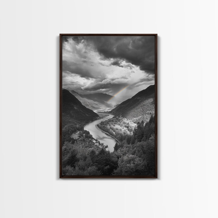 Mountain Valley, Rainbow River, Forest Panorama, Cloud Drama, Framed Canvas Print, Living Room Wall Art, Tranquil Nature, Scenic Beauty