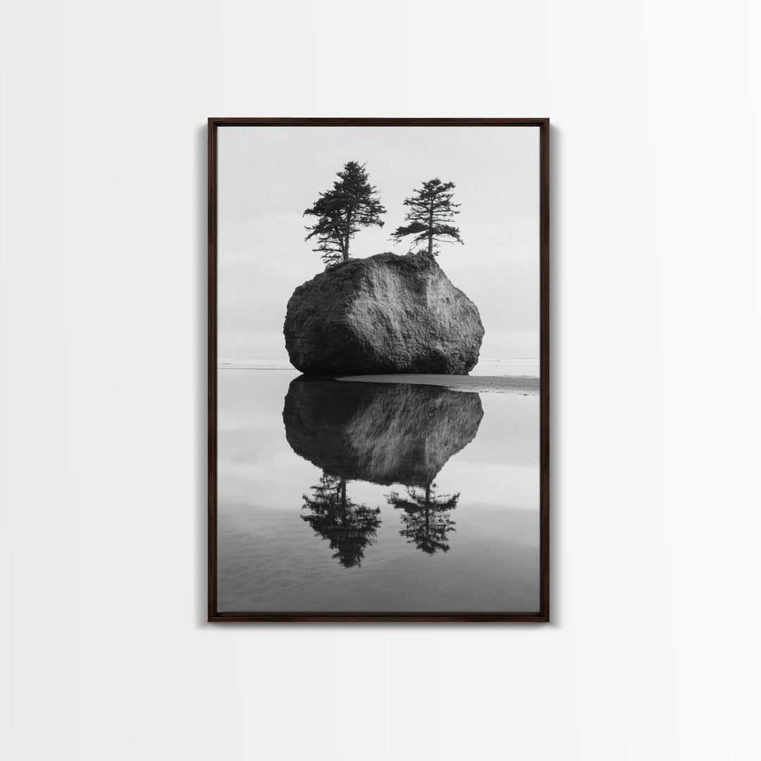 Island Reflection, Twin Trees, Still Water, Minimal Seascape, Framed Canvas Print, Bedroom Wall Art, Zen Decor, Black and White Art