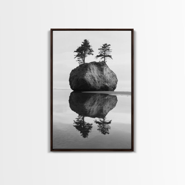 Island Reflection, Twin Trees, Still Water, Minimal Seascape, Framed Canvas Print, Bedroom Wall Art, Zen Decor, Black and White Art