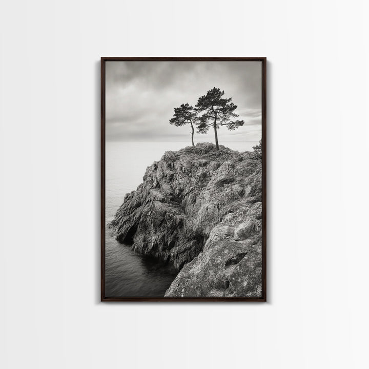 Rocky Coast, Lone Trees, Ocean View, Monochrome Calm, Framed Canvas Print, Bathroom Wall Art, Coastal Style, Minimalist Mountain Art