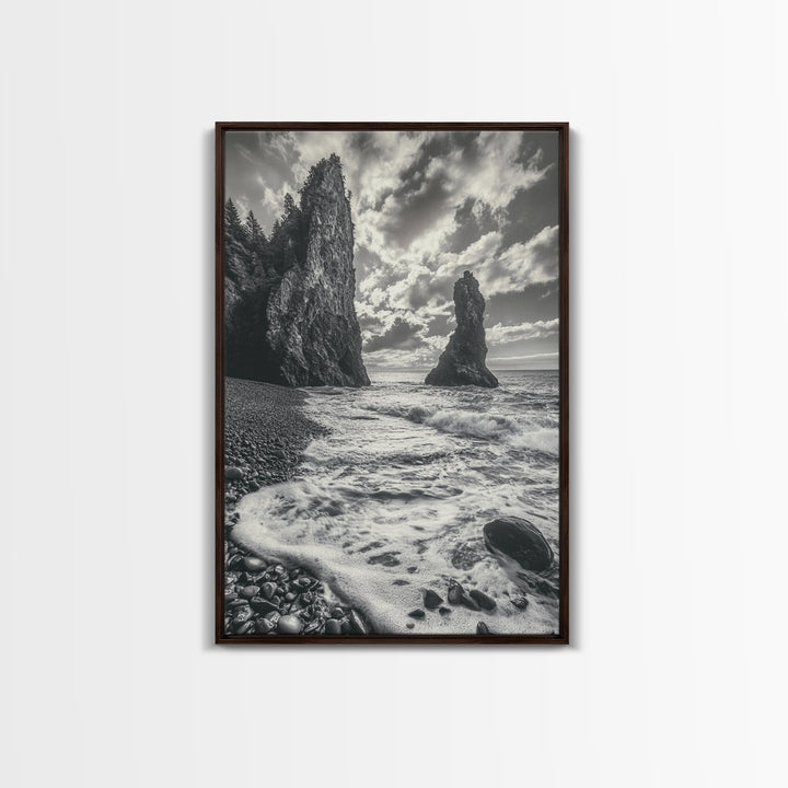 Sea Spires, Ocean Foam, Pebble Shore, Wild Coast, Framed Canvas Print, Living Room Wall Art, Dramatic Landscape, Coastal Home Decor