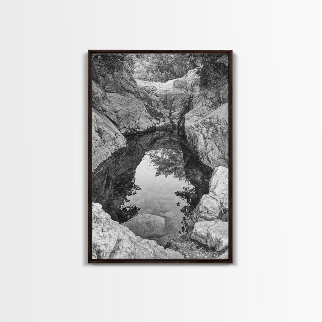 Reflective Rock Pool, Tranquil Nature, Monochrome Landscape, Black and White Framed Canvas Print, Minimalist Bathroom or Spa Wall Art