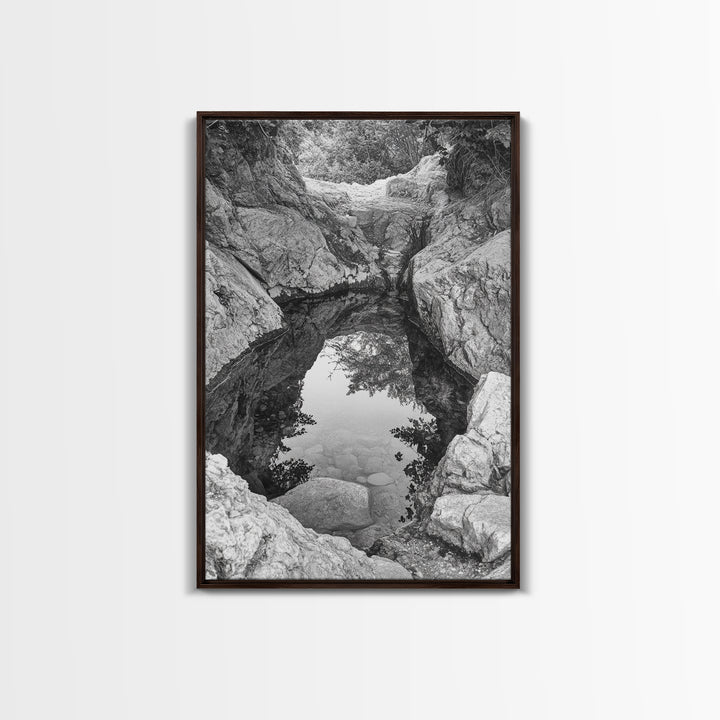 Reflective Rock Pool, Tranquil Nature, Monochrome Landscape, Black and White Framed Canvas Print, Minimalist Bathroom or Spa Wall Art
