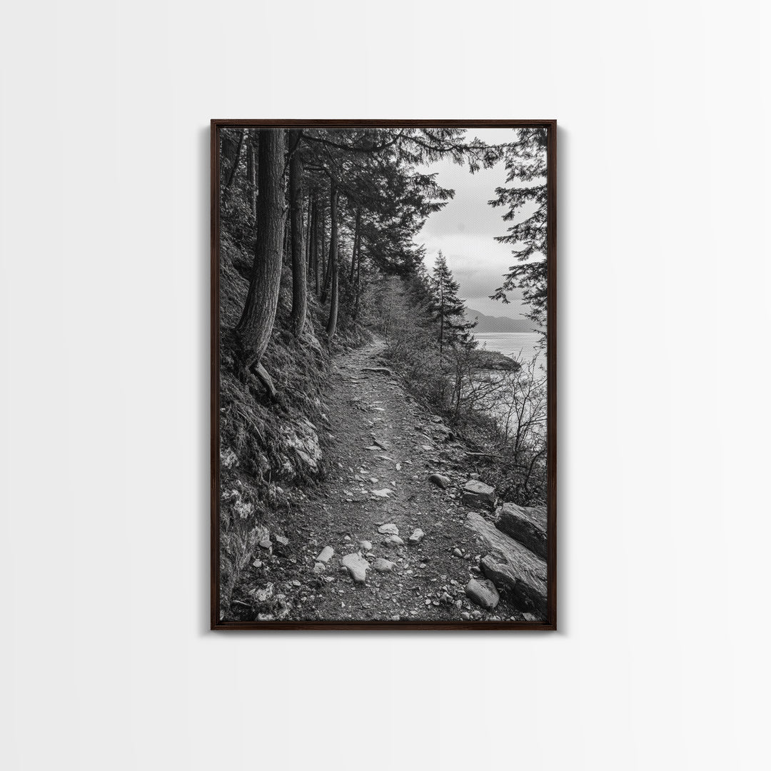 Forest Pathway Trail, Wilderness Escape, Rustic Nature, Black and White Framed Canvas Print, Cozy Cabin or Entryway Wall Art