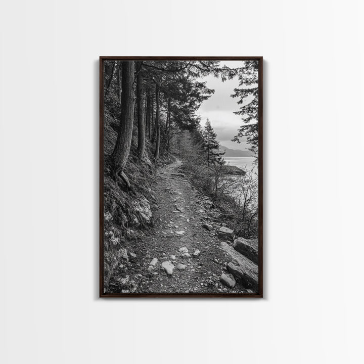 Forest Pathway Trail, Wilderness Escape, Rustic Nature, Black and White Framed Canvas Print, Cozy Cabin or Entryway Wall Art