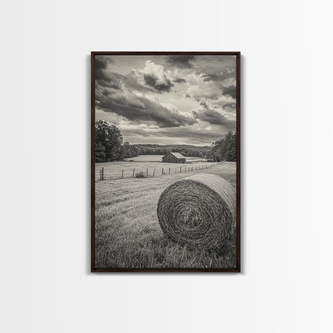 Autumn Hay Bale, Farm Field Scene, Country Landscape, Black and White Canvas Print, Rustic Kitchen or Fall Living Room Wall Art