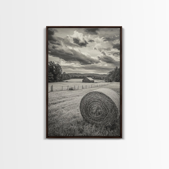 Autumn Hay Bale, Farm Field Scene, Country Landscape, Black and White Canvas Print, Rustic Kitchen or Fall Living Room Wall Art