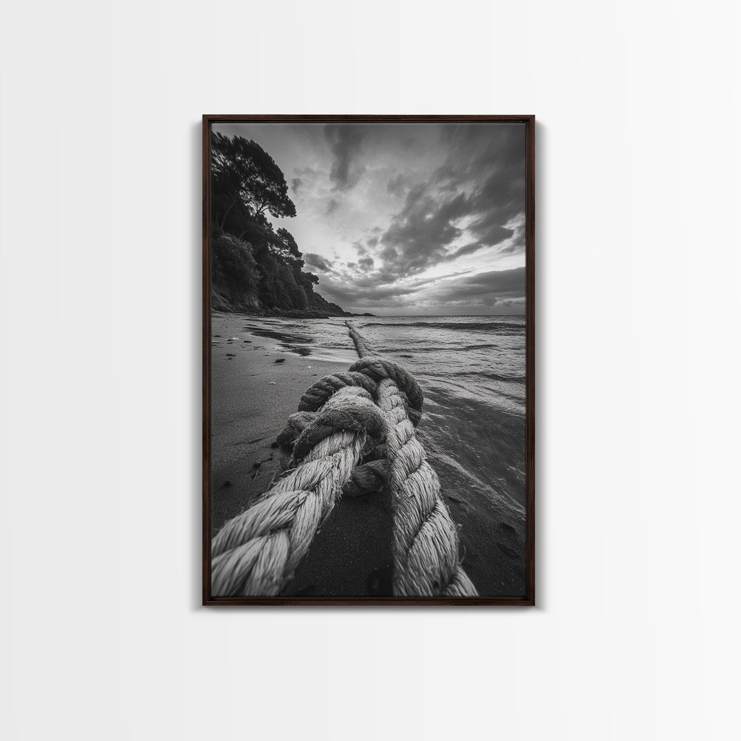 Beach Rope Knot, Coastal Connection, Ocean Shoreline, Nautical Canvas Print, Black and White Bathroom or Seaside Wall Decor