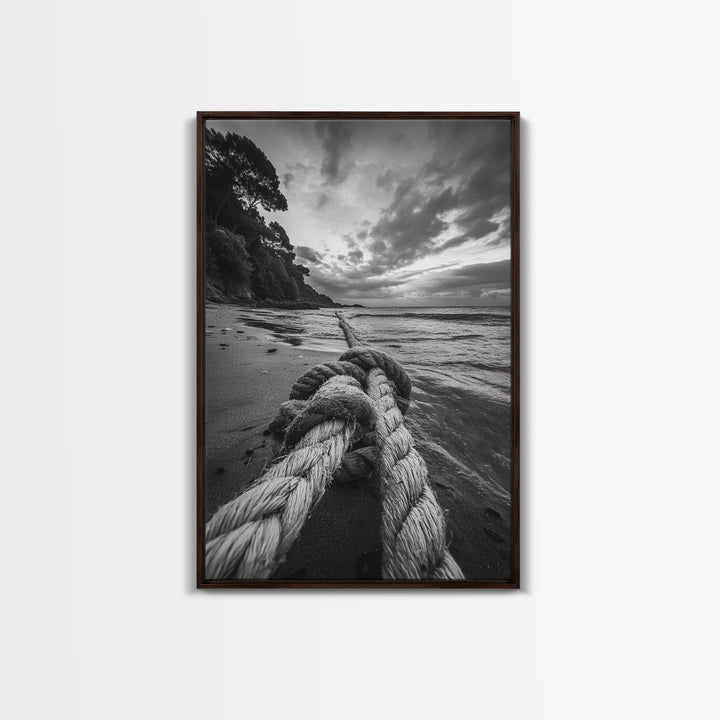 Beach Rope Knot, Coastal Connection, Ocean Shoreline, Nautical Canvas Print, Black and White Bathroom or Seaside Wall Decor