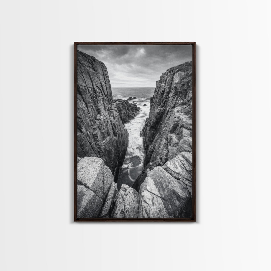 Ocean Cliff Pass, Rugged Coastal Rocks, Nature Power, Monochrome Framed Canvas Print, Moody Bathroom or Masculine Office Art