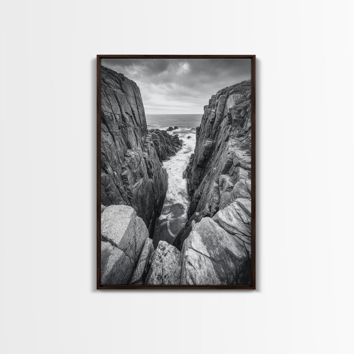Ocean Cliff Pass, Rugged Coastal Rocks, Nature Power, Monochrome Framed Canvas Print, Moody Bathroom or Masculine Office Art