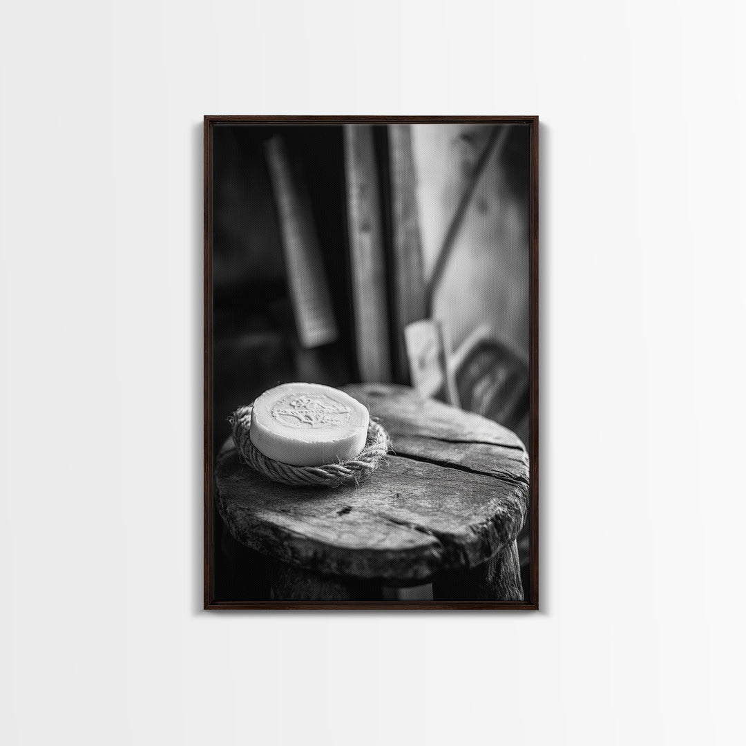 Artisan Soap Still Life, Rustic Wellness Scene, Country Bathroom, Monochrome Framed Canvas Print, Farmhouse Bathroom Wall Art