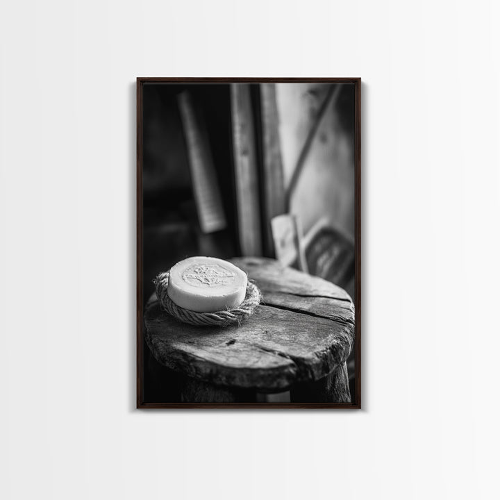 Artisan Soap Still Life, Rustic Wellness Scene, Country Bathroom, Monochrome Framed Canvas Print, Farmhouse Bathroom Wall Art