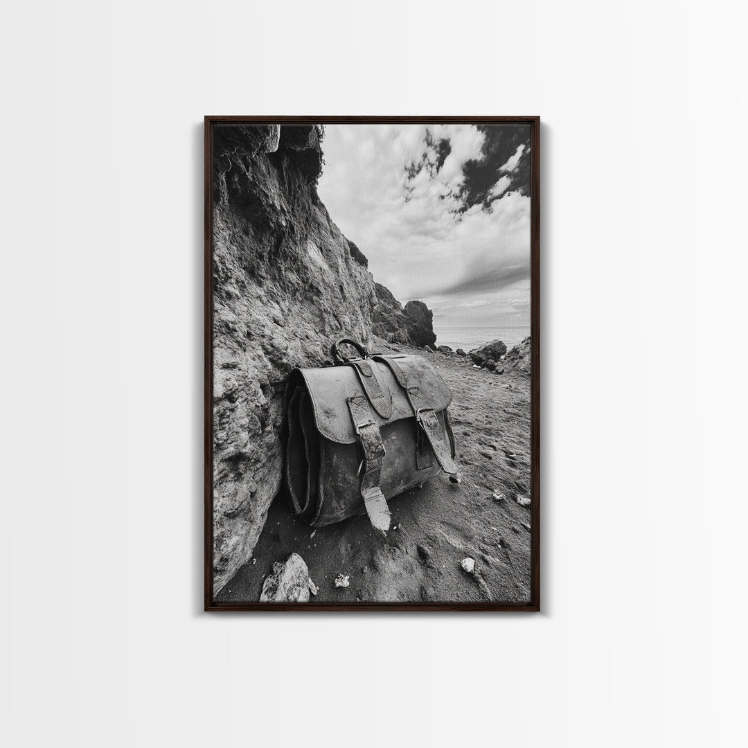 Deserted Leather Satchel, Coastal Adventure, Weathered Texture, Black and White Canvas Print, Vintage Office or Studio Wall Art