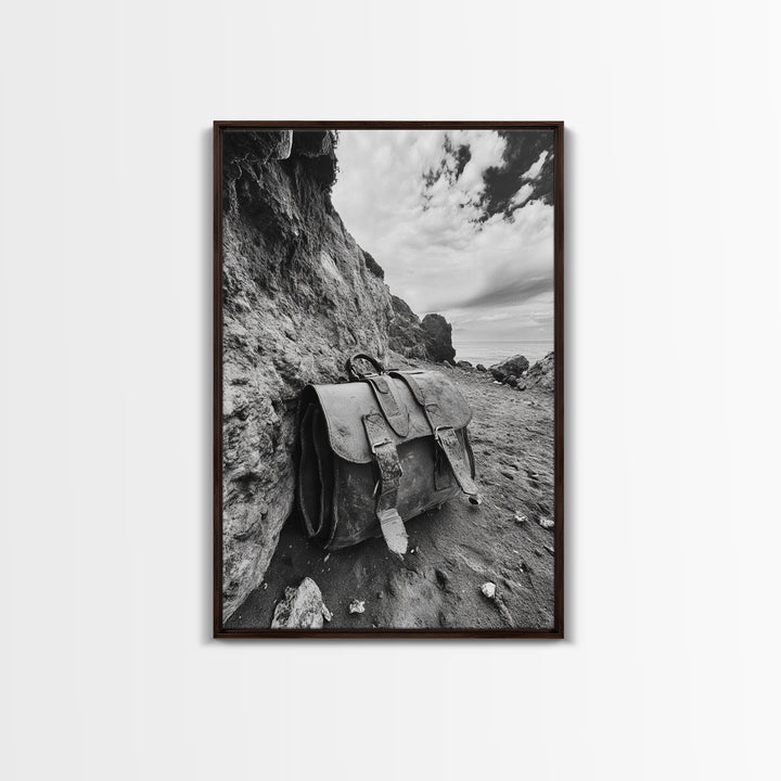 Deserted Leather Satchel, Coastal Adventure, Weathered Texture, Black and White Canvas Print, Vintage Office or Studio Wall Art